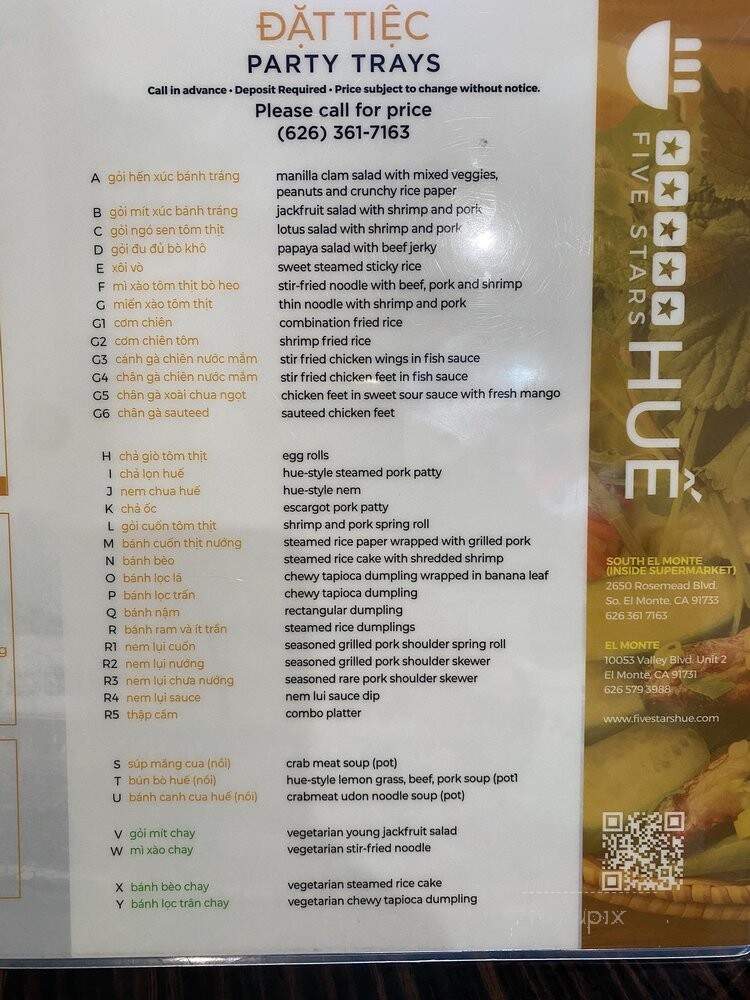 5 Stars Hue Restaurant - El Monte, CA menu_pic