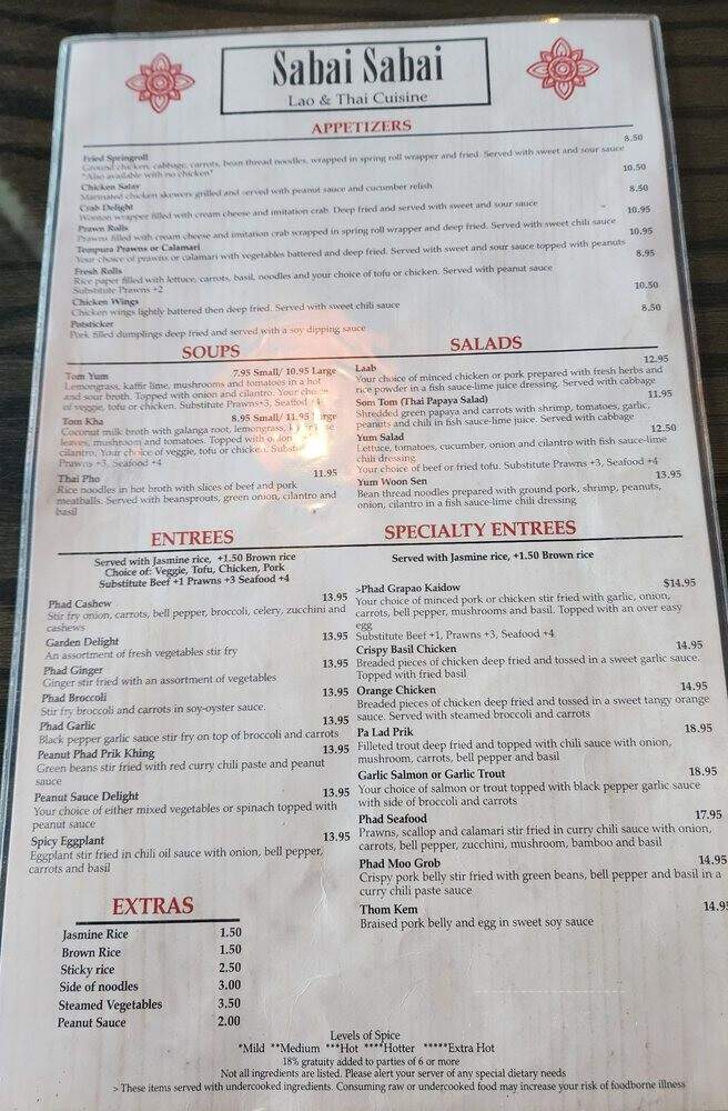 Sabai Sabai Lao & Thai Cuisine - Lynnwood, WA menu_pic