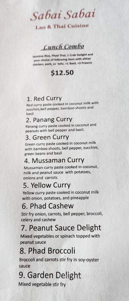 Sabai Sabai Lao & Thai Cuisine - Lynnwood, WA menu_pic