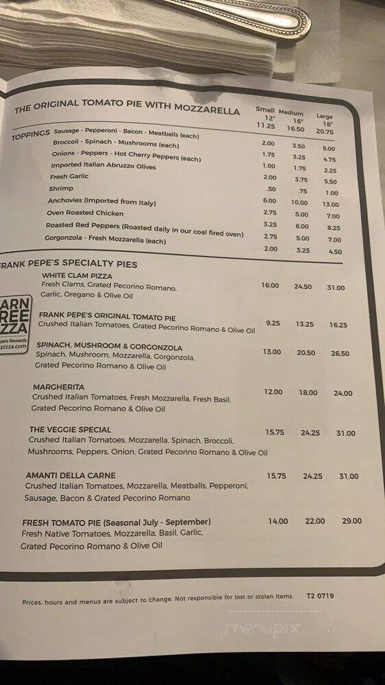 Frank Pepe's Pizzeria Napoletana - Burlington, MA menu_pic