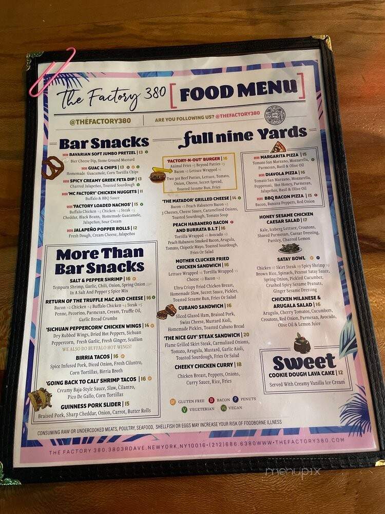 The Factory 380 - New York, NY menu_pic