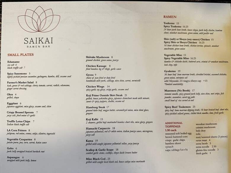 Saikai Ramen Bar - Los Angeles, CA menu_pic