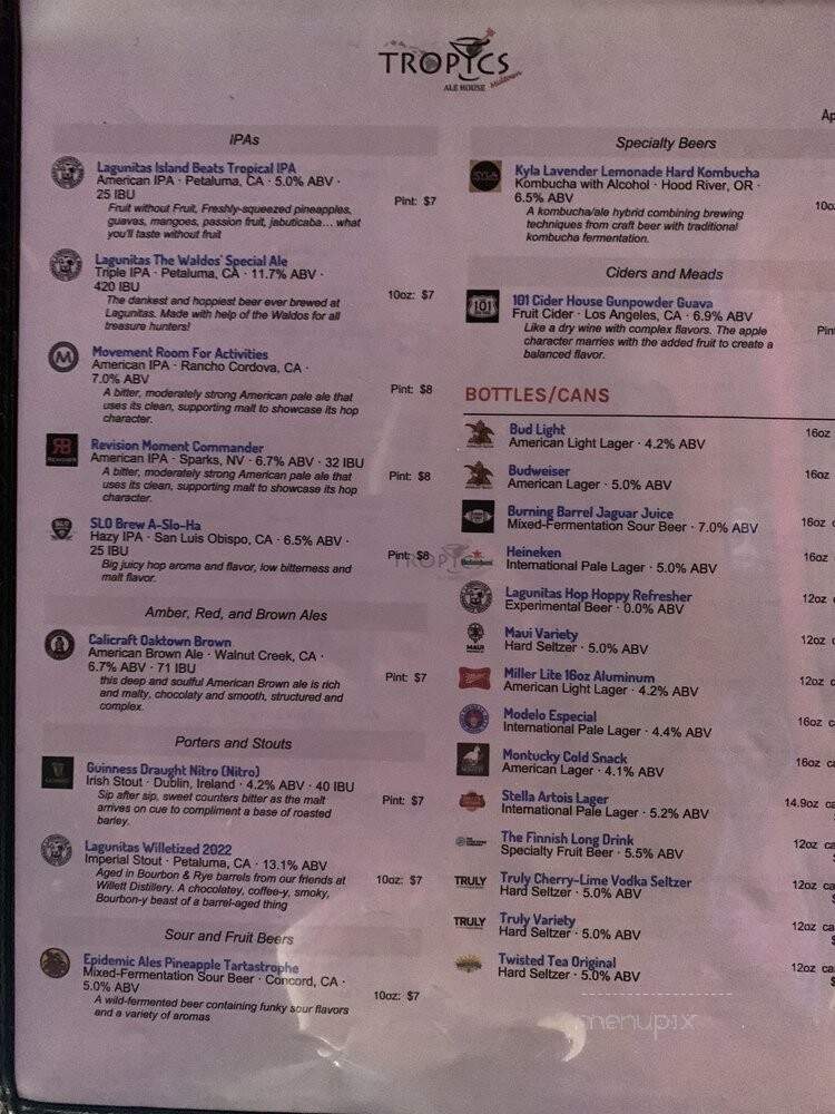 Tropics Alehouse Midtown - Sacramento, CA menu_pic