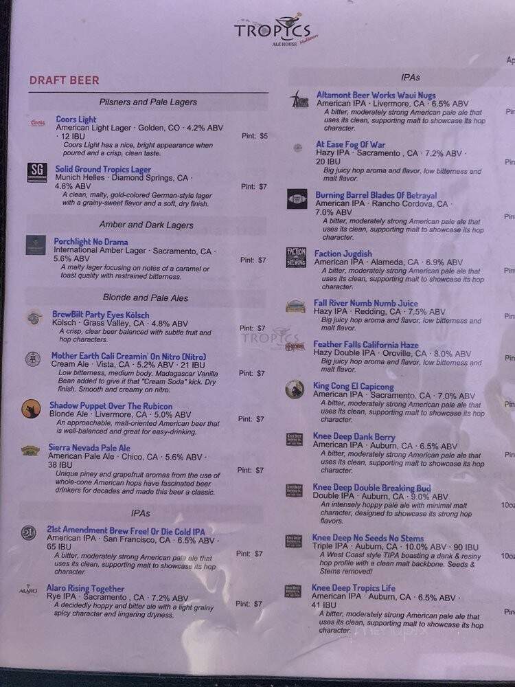 Tropics Alehouse Midtown - Sacramento, CA menu_pic