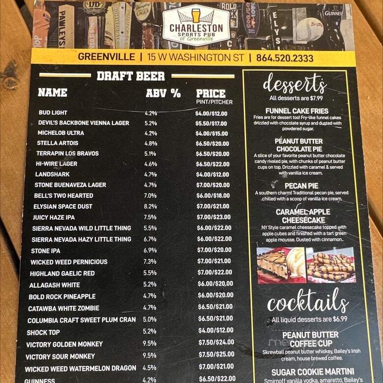 Charleston Sports Pub - Greenville, SC menu_pic
