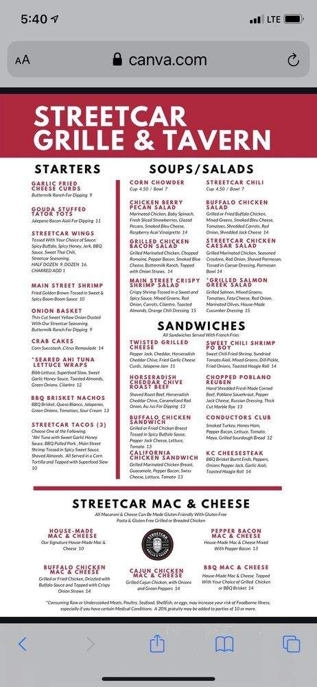 Streetcar Grille and Tavern - Kansas City, MO menu_pic