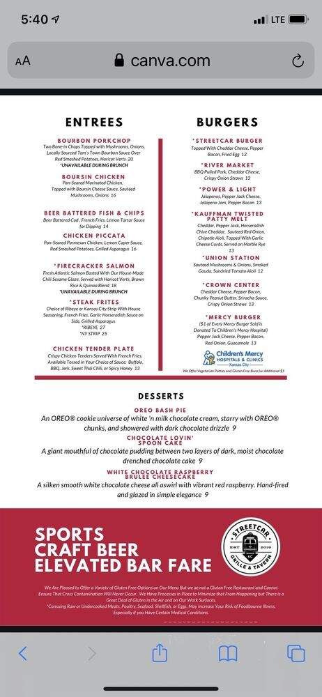 Streetcar Grille and Tavern - Kansas City, MO menu_pic