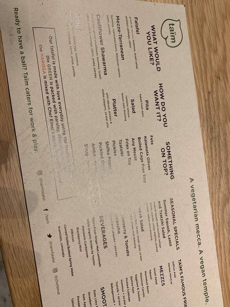 Taim Georgetown - Washington, DC menu_pic