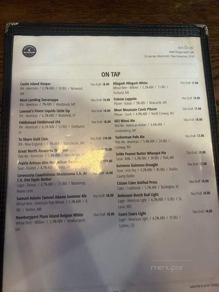Shopper's Pub Eatery - Manchester, NH menu_pic