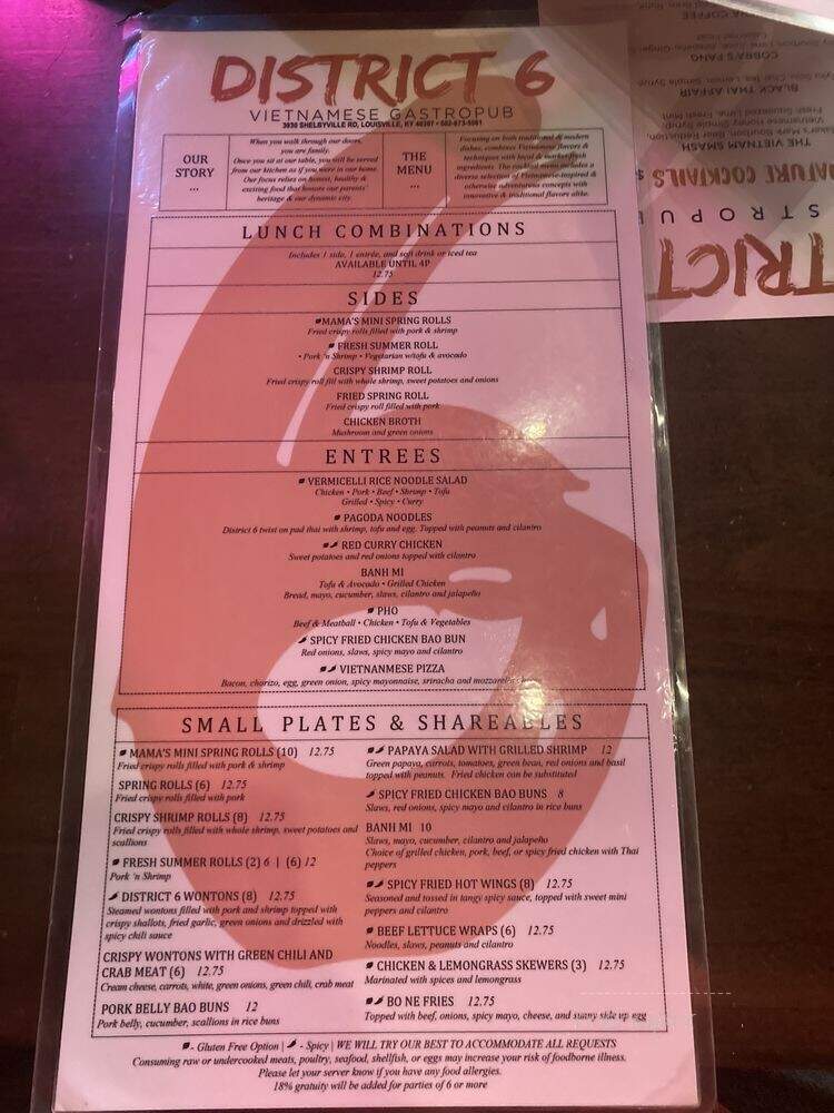District 6 - Louisville, KY menu_pic