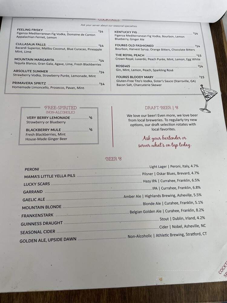 Four65 Woodfire Bistro Bar - Highlands, NC menu_pic