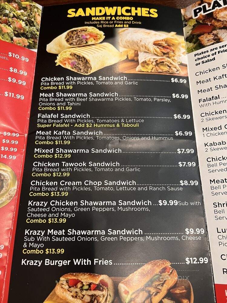 Krazy Shawarma - Rochester, MI menu_pic