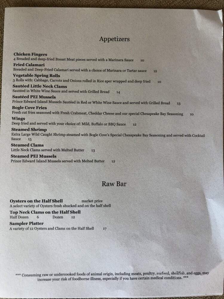 Bogle Cove Oyster House - Wilmington, DE menu_pic