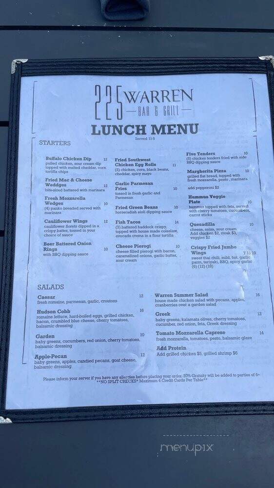 225 Warren Bar and Grill - Hudson, NY menu_pic