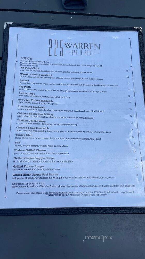 225 Warren Bar and Grill - Hudson, NY menu_pic