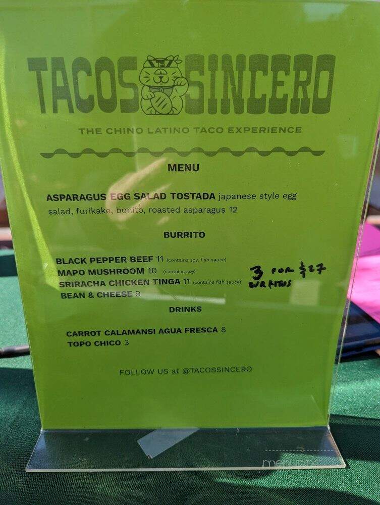 Tacos Sincero - Oakland, CA menu_pic