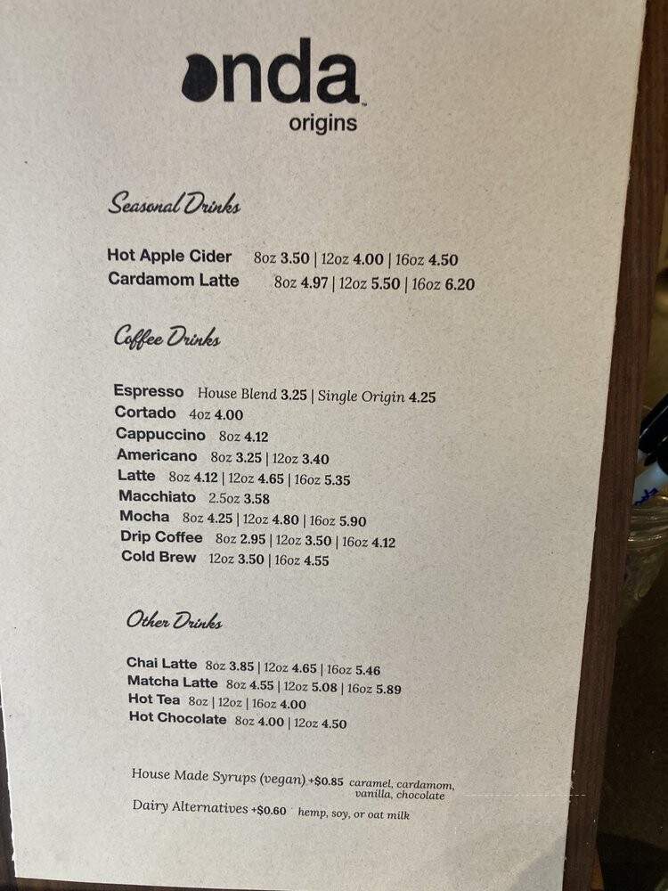 Onda Origins Cafe & Roastery - Seattle, WA menu_pic