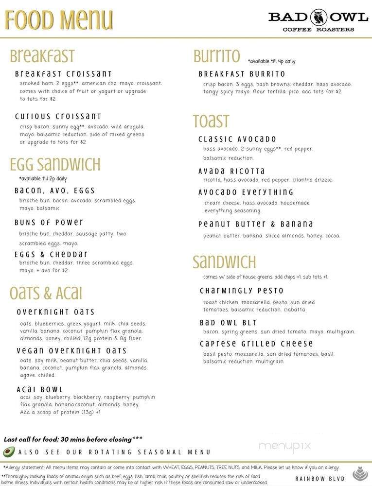 Bad Owl Coffee Roasters - Las Vegas, NV menu_pic