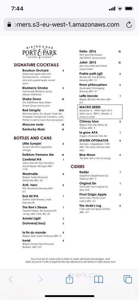 Port & Park - Chicago, IL menu_pic