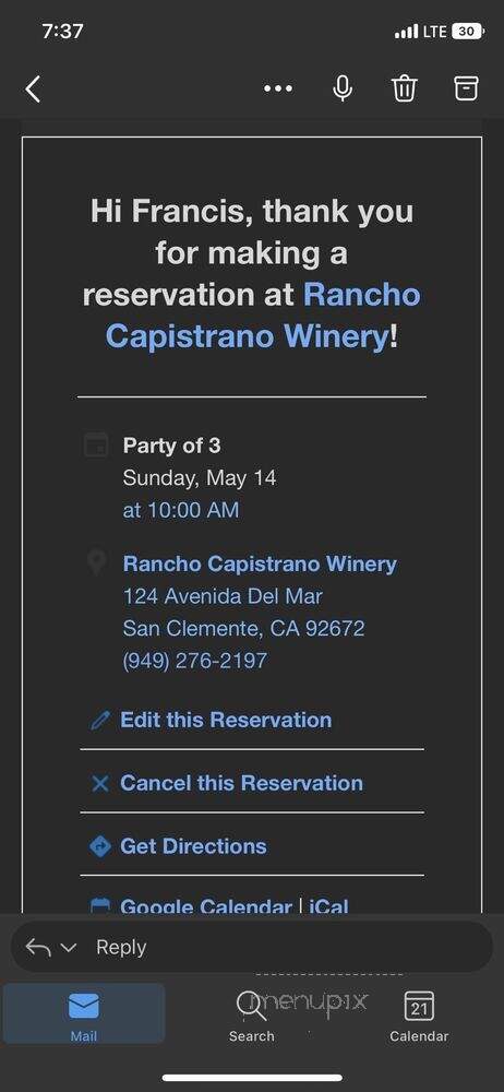 Rancho Capistrano Winery - San Clemente, CA menu_pic