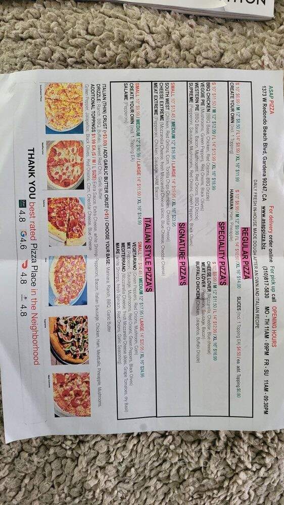 ASAP Pizza - Gardena, CA menu_pic
