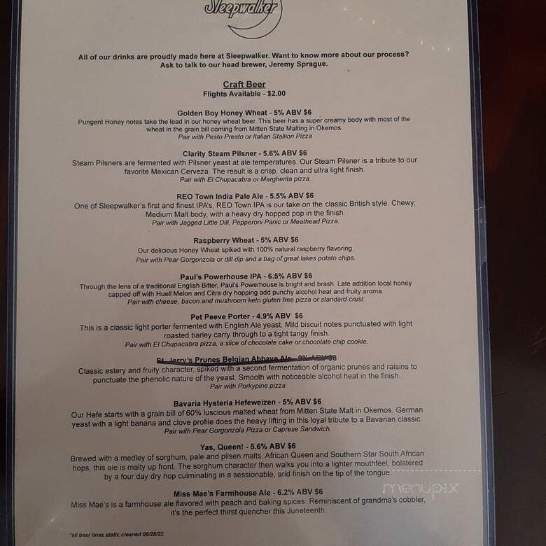 Sleepwalker Spirits and Ale - Lansing, MI menu_pic
