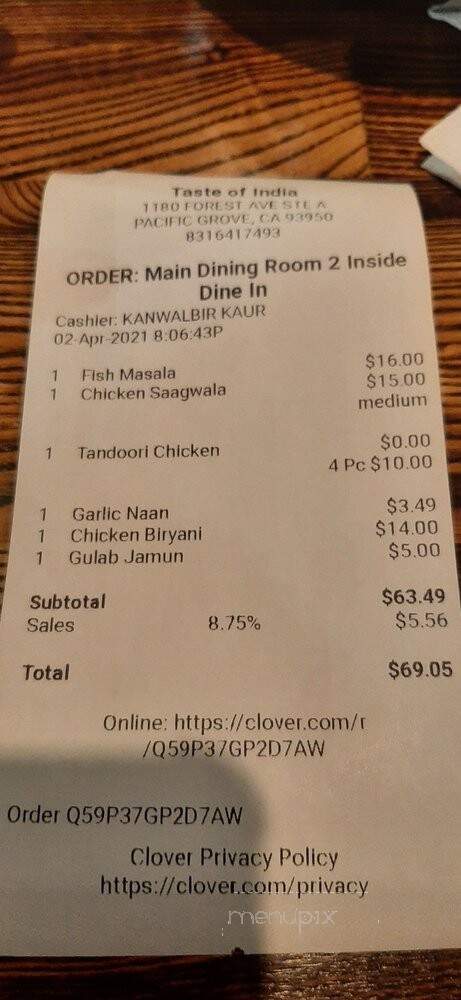 Taste of India - Pacific Grove, CA menu_pic