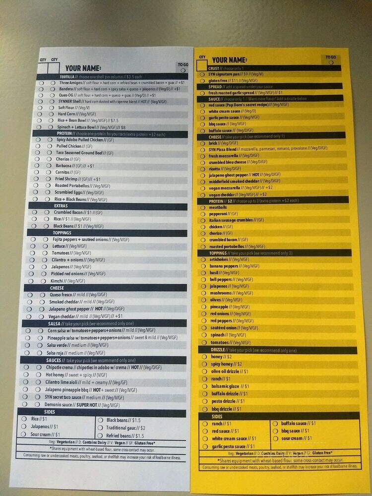 SYN Bar & Taqueria + Pizzeria - Pittsburgh, PA menu_pic