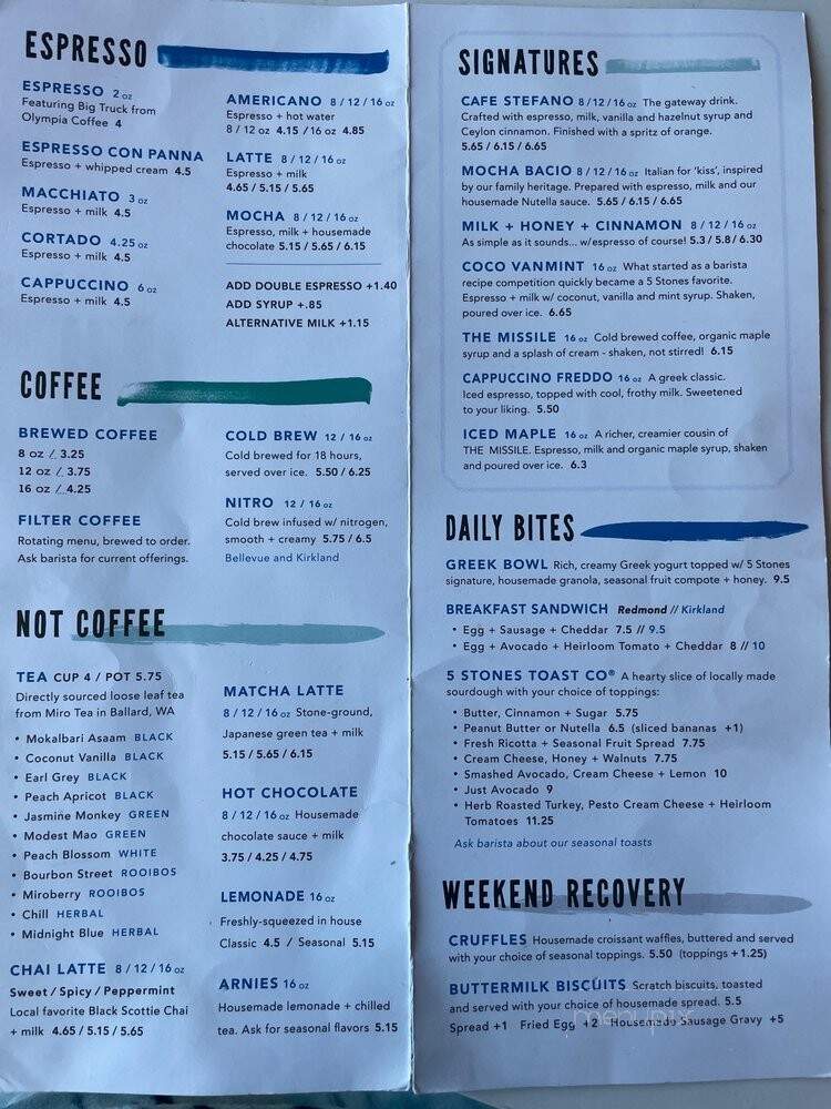 Five Stones Coffee - Bellevue, WA menu_pic