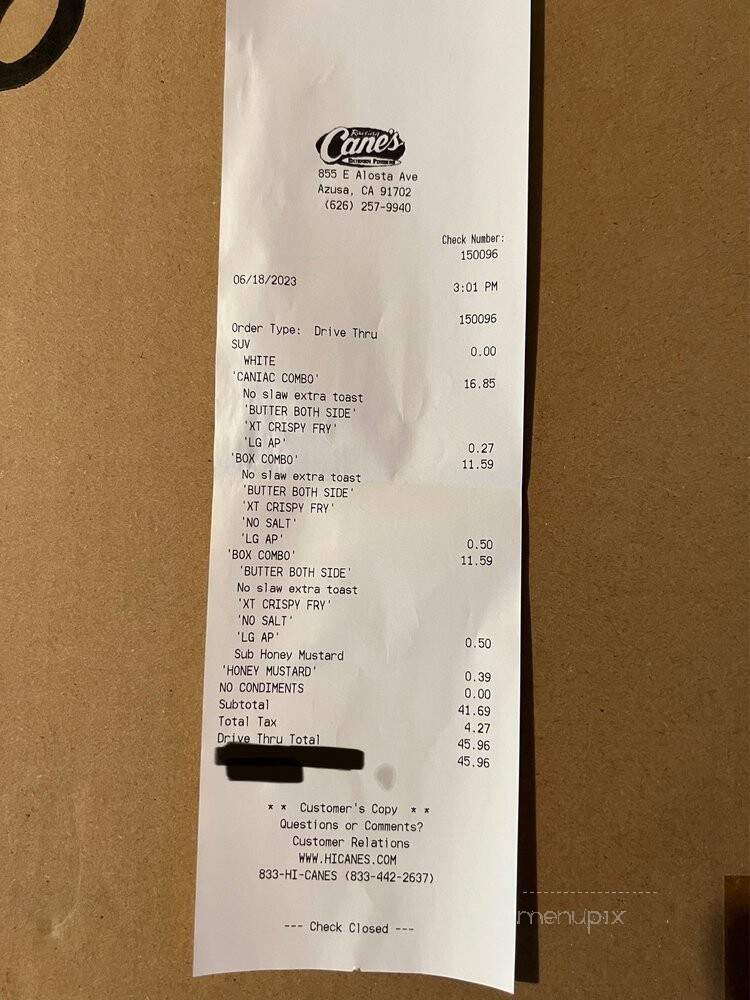 Raising Cane's Chicken Fingers - Azusa, CA menu_pic