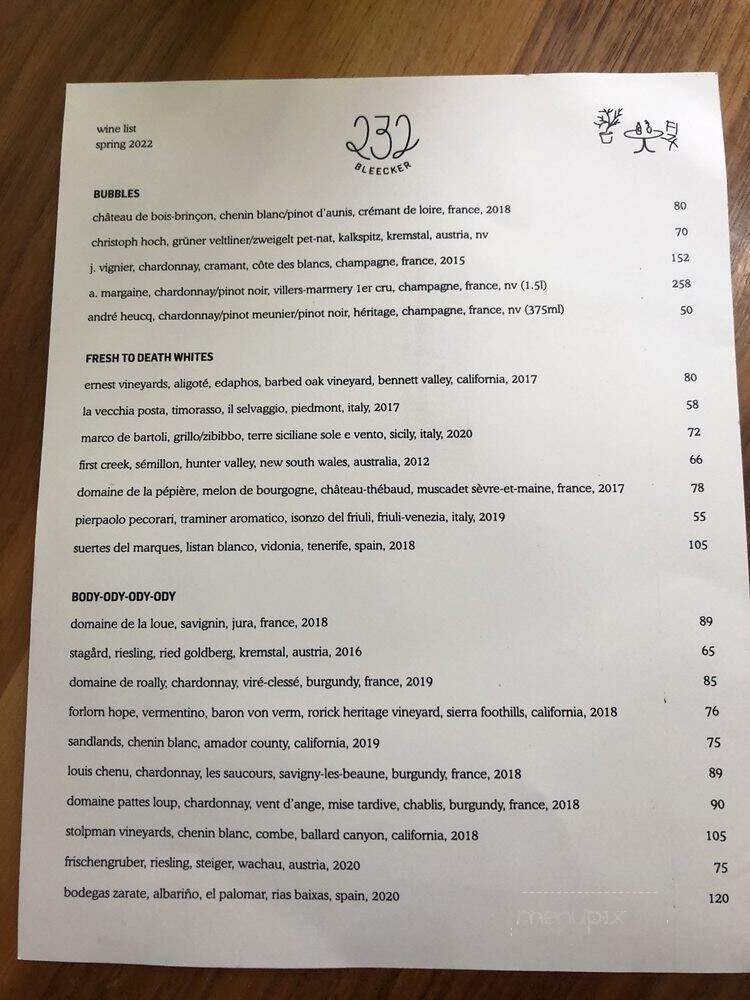 232 Bleecker - New York, NY menu_pic