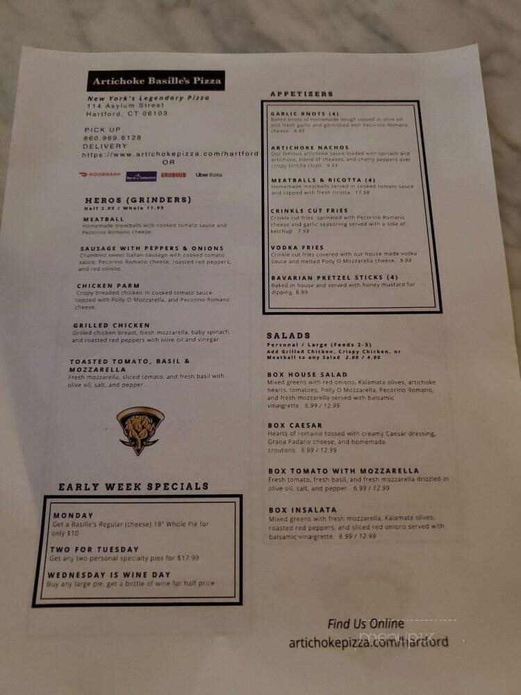 Artichoke Basille's Pizza - Hartford, CT menu_pic