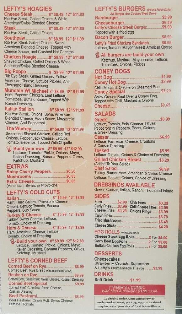 Lefty's Cheese Steaks - Auburn Hills, MI menu_pic