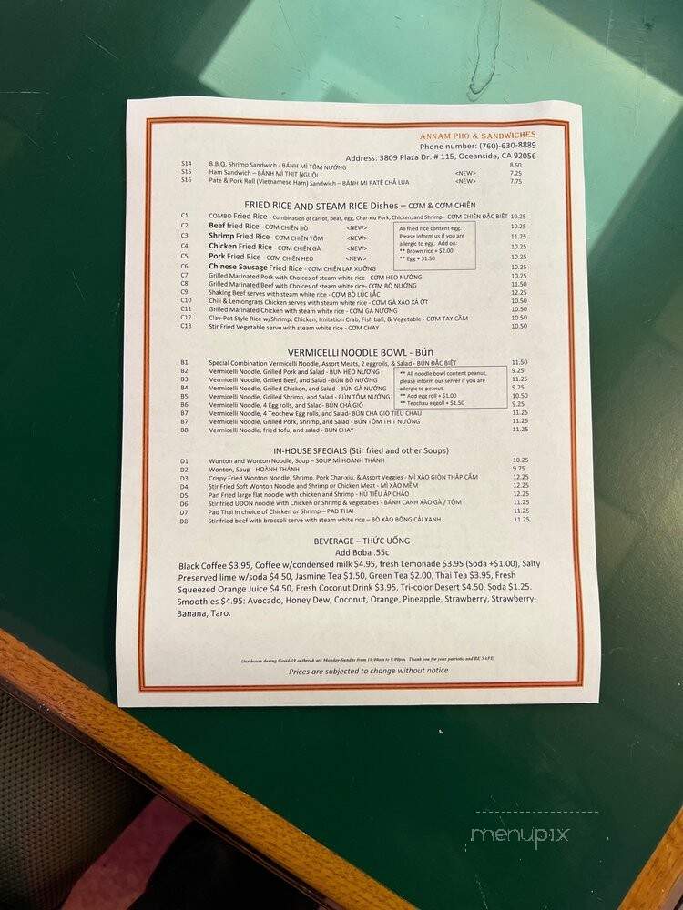 Annam Pho & Sandwiches - Oceanside, CA menu_pic