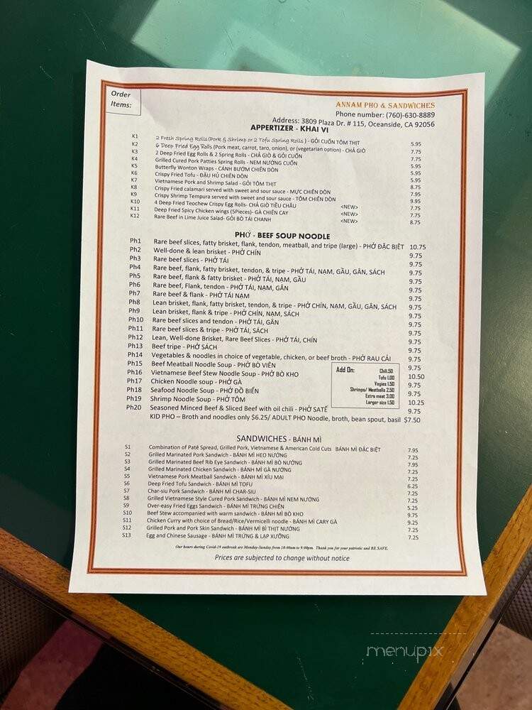 Annam Pho & Sandwiches - Oceanside, CA menu_pic