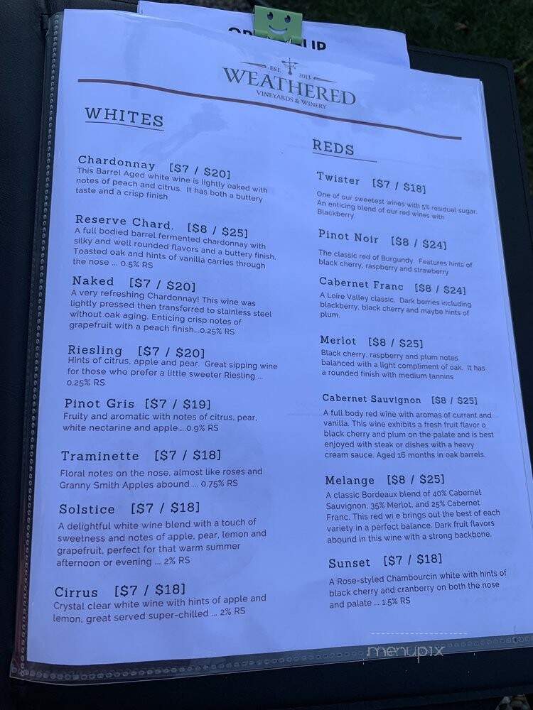 Weathered Vineyards Tasting Room & Wine Bar - Ephrata, PA menu_pic