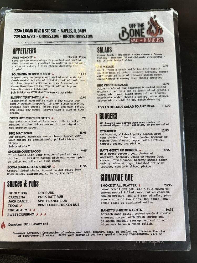 Off the Bone BBQ + Ribhouse - Naples, FL menu_pic