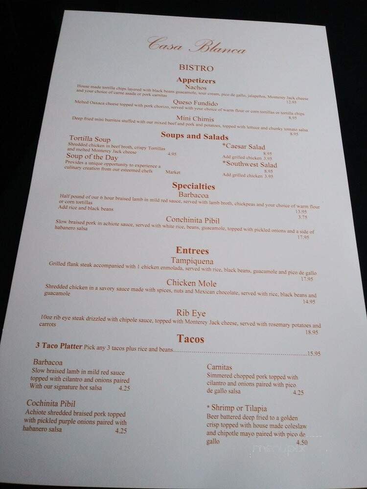 Casa Blanca Bistro - Mesa, AZ menu_pic