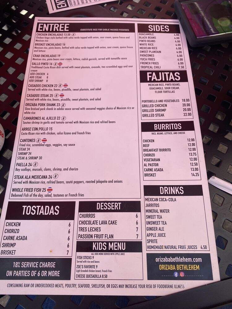 Orizaba - Bethlehem, PA menu_pic
