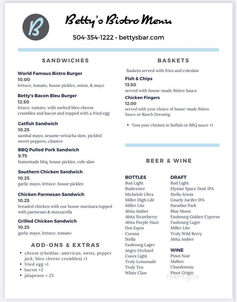 Betty's Bar & Bistro - New Orleans, LA menu_pic