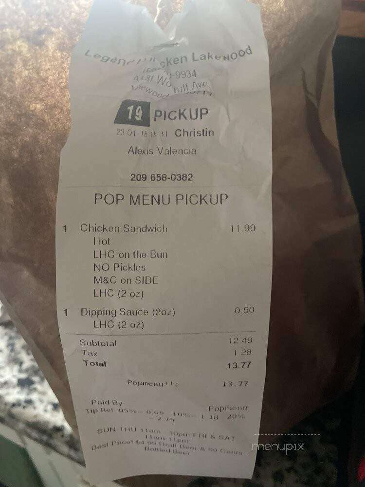 Legend Hot Chicken - Lakewood, CA menu_pic