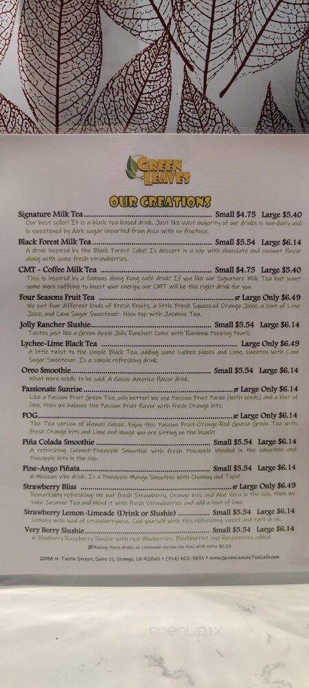 Green Leaves Tea Cafe - Orange, CA menu_pic