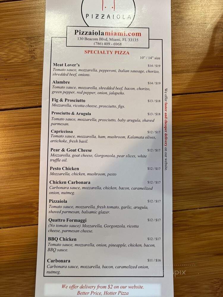Pizzaiola - Miami, FL menu_pic