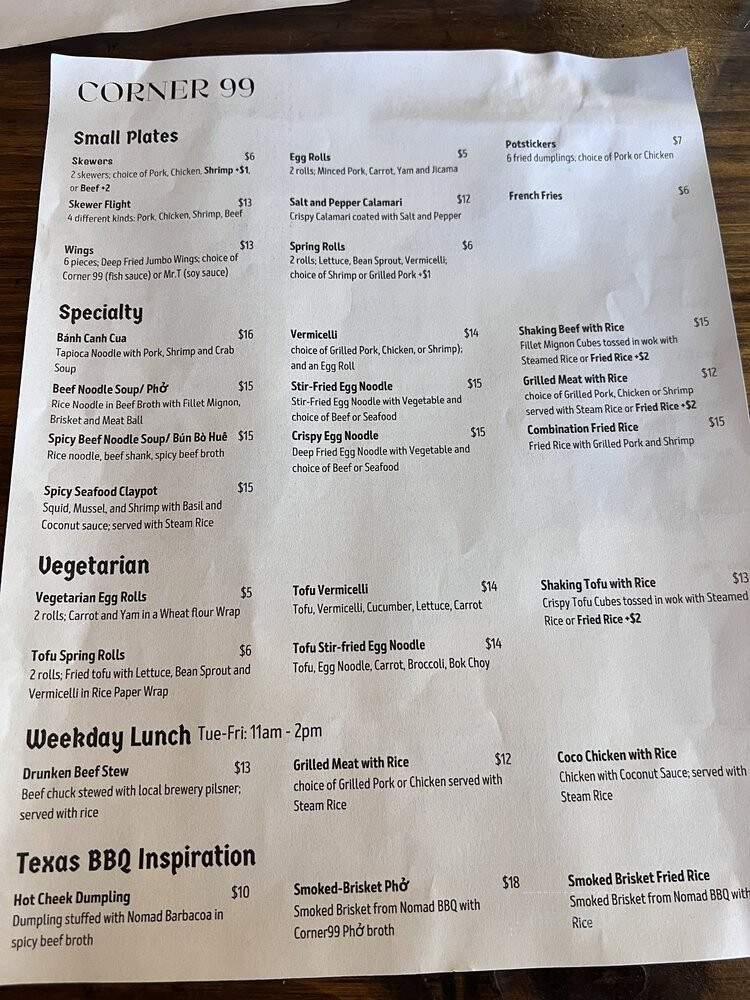 Corner 99 - Katy, TX menu_pic