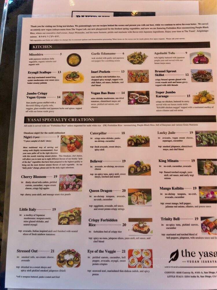 The Yasai By Rakiraki - San Diego, CA menu_pic