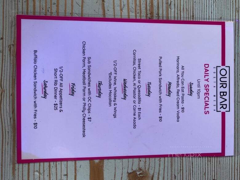 Our Bar - Costa Mesa, CA menu_pic