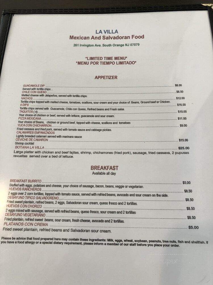 La Villa Mexican and Salvadoran Food - South Orange, NJ menu_pic