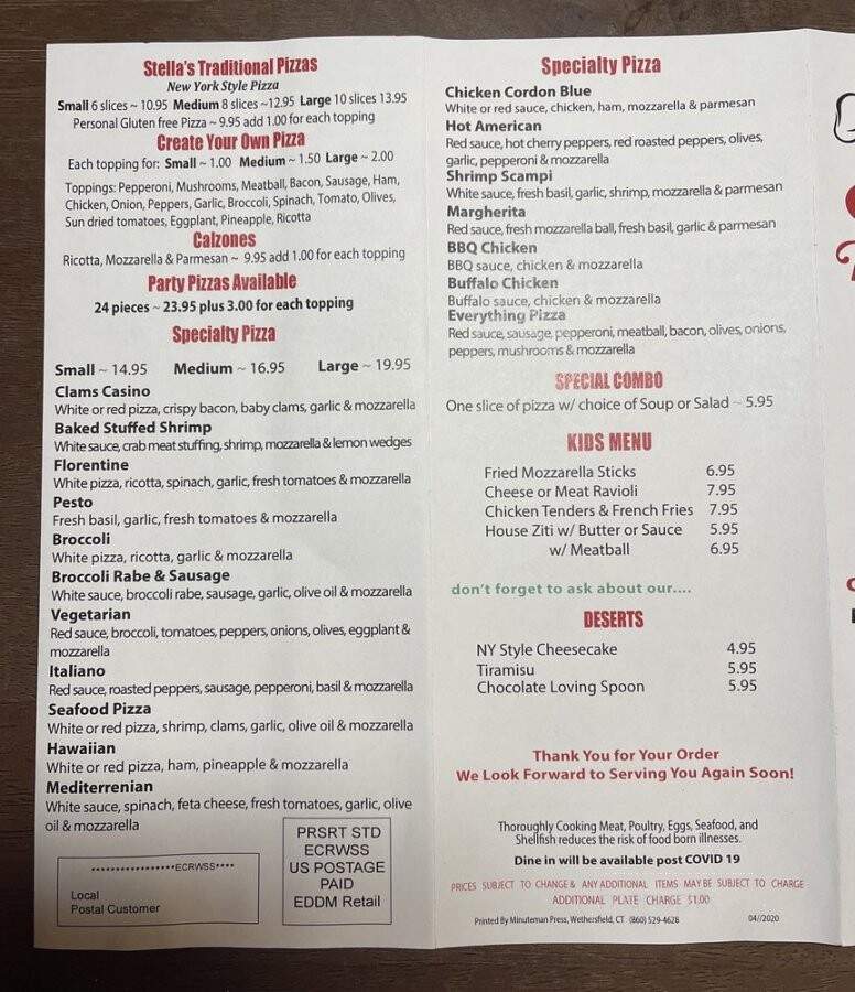 Stellas's Pizza & Italian Restaurant - Wethersfield, CT menu_pic