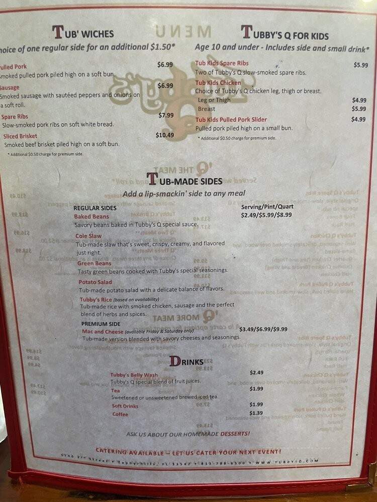 Tubby's Q and Smokehouse - Zephyrhills, FL menu_pic