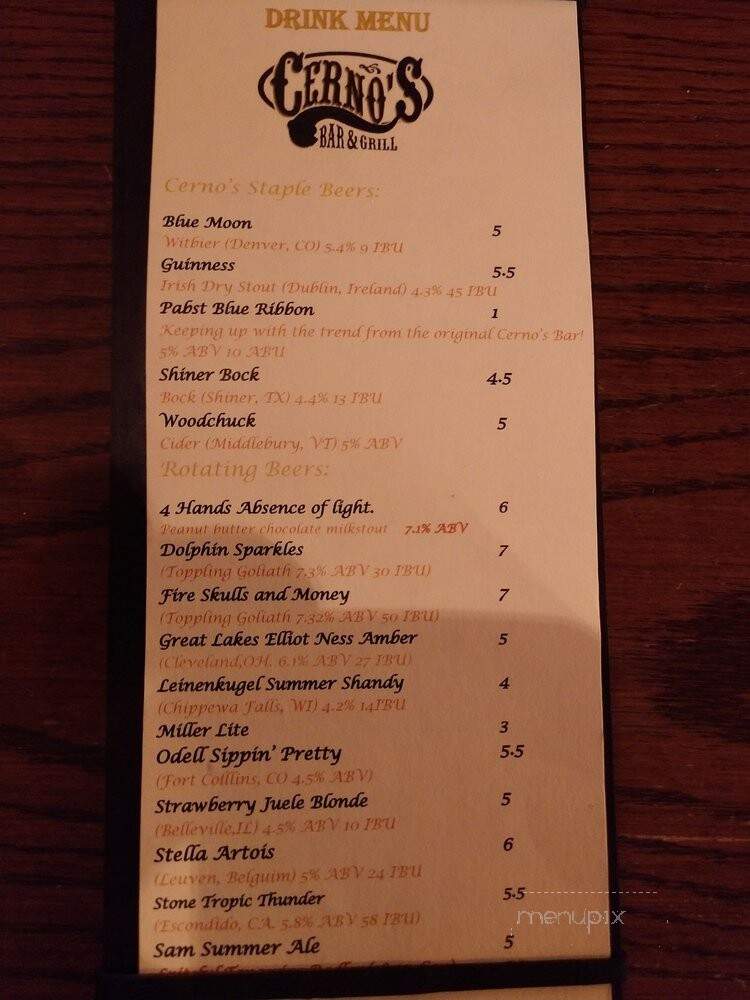 Cerno's Bar & Grill - Elmwood, IL menu_pic